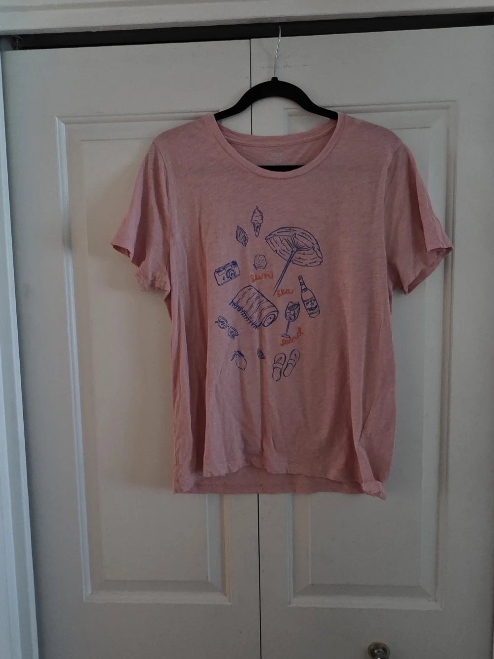 J. Crew Pink Short Sleeve Tee with Blue & Orange Beach Graphic - Picture 1 of 4